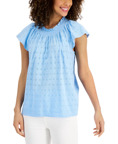 Charter Club Cotton Flutter Sleeve Eyelet Top